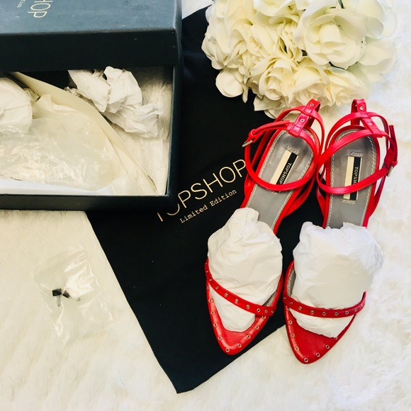 TOPSHOP Studded Limited Edition “Paisley” Leather Ankle Heels Red EU 39 / US 8.5 - Picture 9 of 15